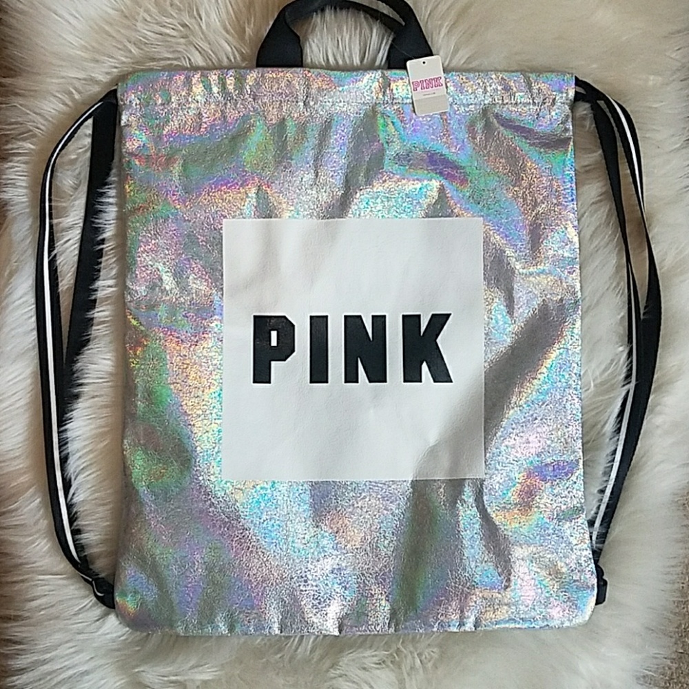 VS Pink Silver Metallic Drawstring Bag